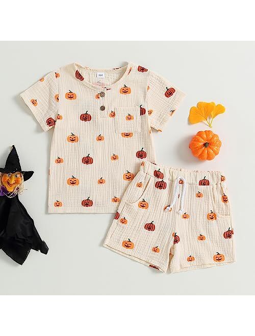 Amnnchya Toddler Baby Boy Halloween Outfit Pumpkin Head Short Sleeve Shirt Halloween Clothing Summer Orange Shorts Set
