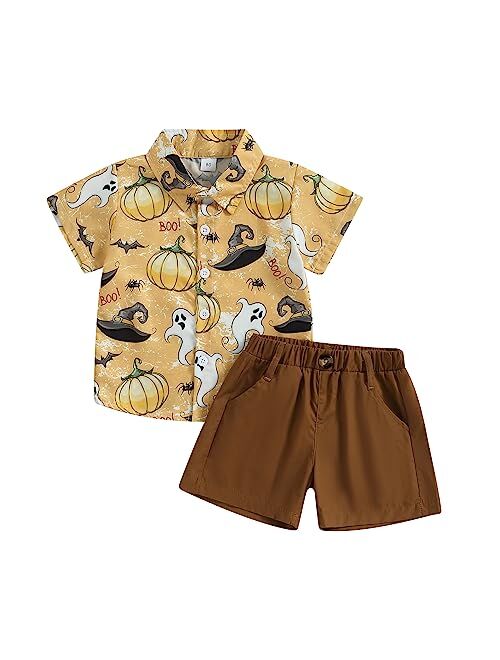 Amnnchya Toddler Baby Boy Halloween Outfit Pumpkin Head Short Sleeve Shirt Halloween Clothing Summer Orange Shorts Set
