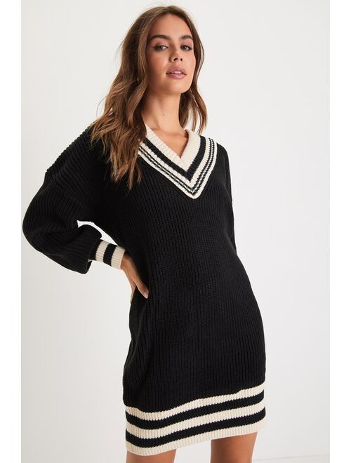 Steve Madden Colleen Black and Cream Varsity Mini Sweater Dress