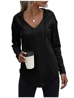 morhuduck Women's V Neck Hoodies Long Sleeve Sweatshirt Drawstring Pullover Tops with Pocket