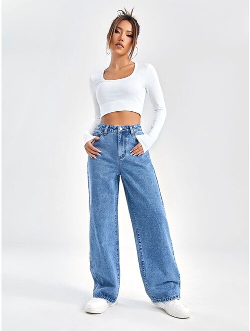 SHEIN EZwear Slant Pocket High Waist Boyfriend Jeans
