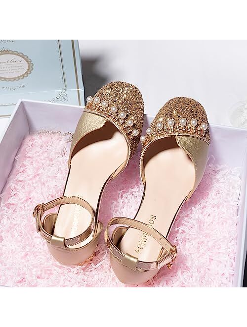 PORMIMOS Little Girls Heels Dress Shoes Big Kid Mary Jane Closed-Toe Sandals Flower Pumps Party Wedding Princess Shoes Performance