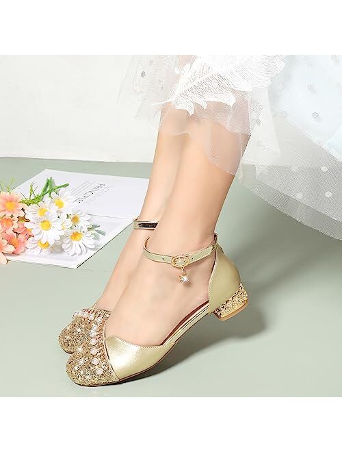PORMIMOS Little Girls Heels Dress Shoes Big Kid Mary Jane Closed-Toe Sandals Flower Pumps Party Wedding Princess Shoes Performance