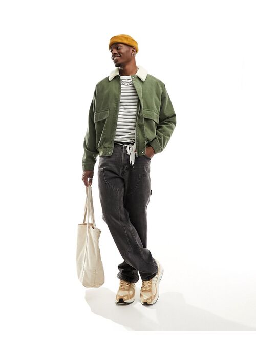 ASOS DESIGN oversized cord bomber jacket with contrast borg collar