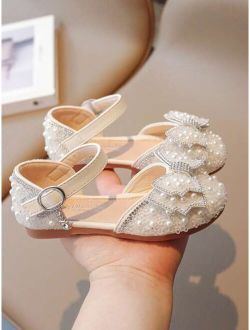 Girls Faux Pearl & Rhinestone Decor Glamorous Ankle Strap Flats For Outdoor