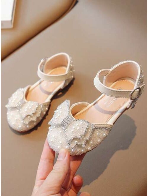 Shein Girls Faux Pearl & Rhinestone Decor Glamorous Ankle Strap Flats For Outdoor