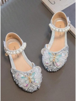 Girls Butterfly & Faux Pearl Decor Ankle Strap Party Flats For Outdoor