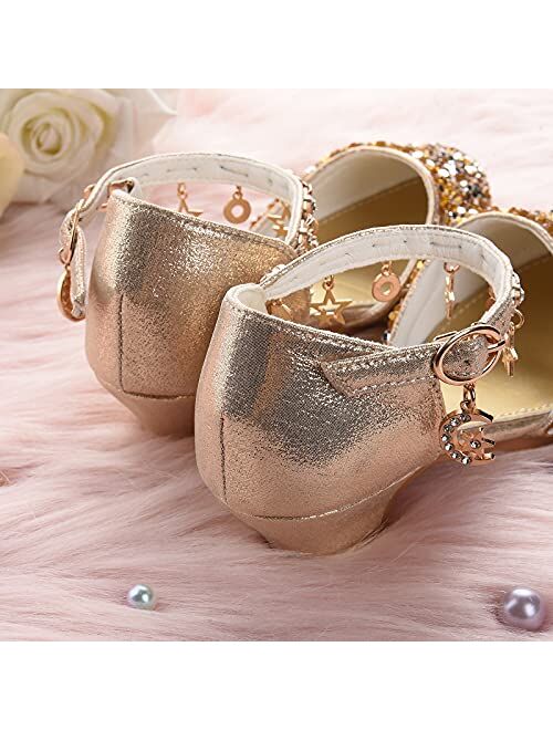 Ohlover Girls Party Glitter Dress Shoes Low Heel Mary Jane Princess Sandals