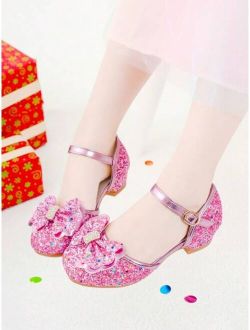 Girls Bow & Rhinestone Decor Ankle Strap Heeled Sandals For Party