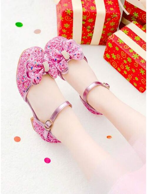 Shein Girls Bow & Rhinestone Decor Ankle Strap Heeled Sandals For Party