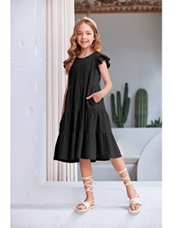 Girl's Summer Dresses Ruffle Sleeve Tiered Swing Midi Casual Sundress with Pockets