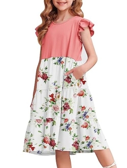 Girl's Summer Dresses Ruffle Sleeve Tiered Swing Midi Casual Sundress with Pockets