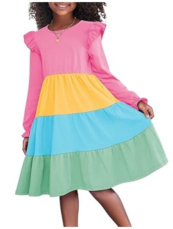 Girl's Summer Dresses Ruffle Sleeve Tiered Swing Midi Casual Sundress with Pockets