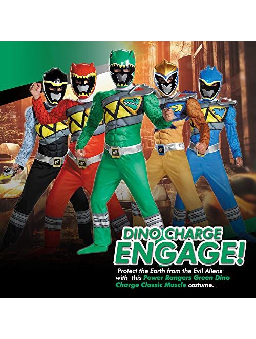 Disguise Green Power Rangers Costume for Kids. Official Licensed Green Ranger Dino Charge Classic Muscle Power Ranger Suit with Mask for Boys & Girls, Small (4-6)