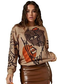 Women's Figure Graphic Print Sweatshirt Round Neck Long Sleeve Contrast Color Graffiti Pullovers