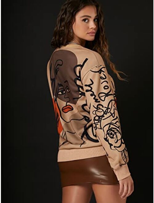 WDIRARA Women's Figure Graphic Print Sweatshirt Round Neck Long Sleeve Contrast Color Graffiti Pullovers