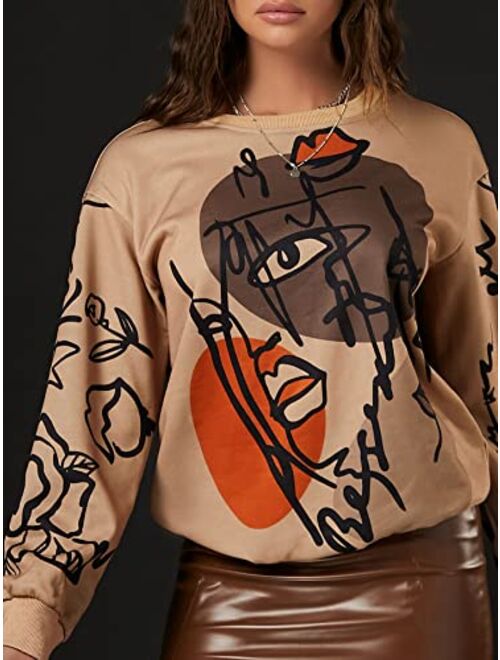 WDIRARA Women's Figure Graphic Print Sweatshirt Round Neck Long Sleeve Contrast Color Graffiti Pullovers