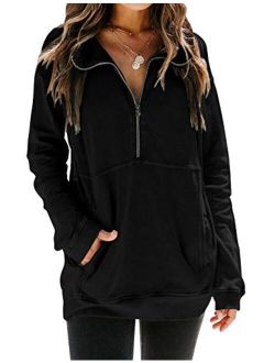 MYMORE Women's Casual Long Sleeve Lapel Half Zip Up Sweatshirts Drawstring Solid Loose Fit Pullover Tops