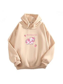 KEEVICI Pullover Sweatshirts for Women Cute Strawberry Cow Print Hoodie Casual Fuzzy Top