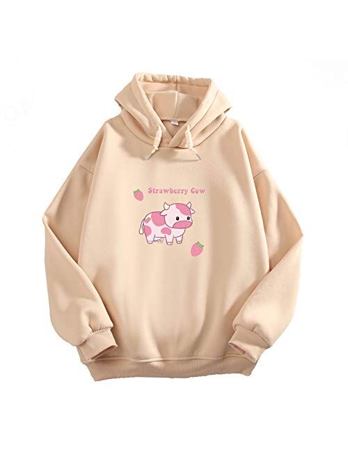 KEEVICI Pullover Sweatshirts for Women Cute Strawberry Cow Print Hoodie Casual Fuzzy Top