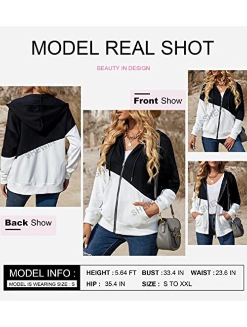 SHEWIN Women's Casual Zip Up Hoodie Jacket Long Sleeve Drawstring Hooded Sweatshirt with Pocket