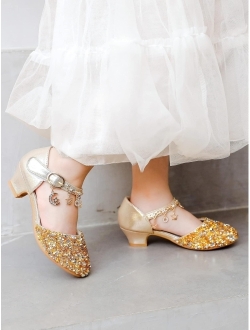 Furdeour Girls Sandals Glittler Bow Dress Shoes Princess Crystal High Heels Party Wedding Flower Girls Shoes for Kid Toddler