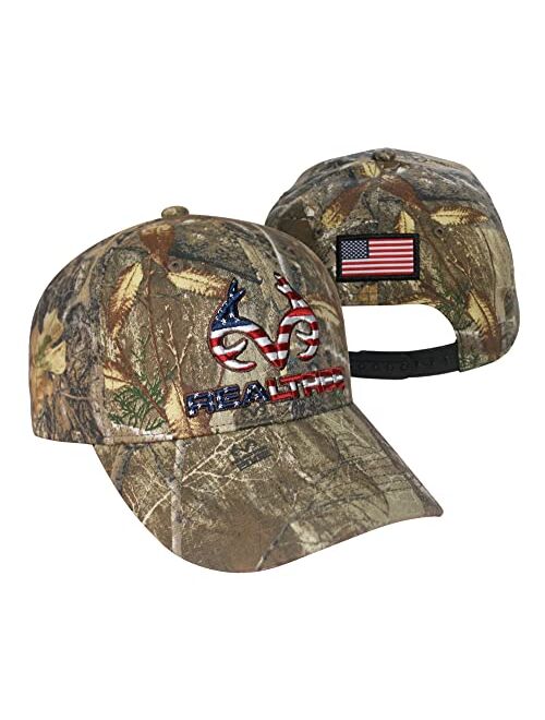Realtree Patriotic Logo Flag Cap Hat, Classic Precurved, Sweatband, Snapback, Embroidered Antler Logo USA Flag Patch Cap Hat