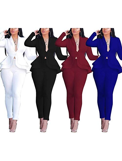 Prettyol Pants and Blazer Set for Women Long Sleeve Ruffle Hem Peplum Blazer with Bodycon Long Pants 2 Piece Outfits