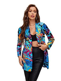 WDIRARA Women's Graphic Print Blazer Button Open Front Long Sleeve Jacket Multicolored