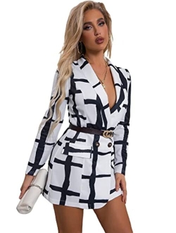 Women's Graphic Print Blazer Button Open Front Long Sleeve Jacket Multicolored