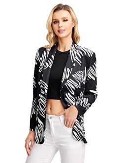Women's Graphic Print Blazer Button Open Front Long Sleeve Jacket Multicolored