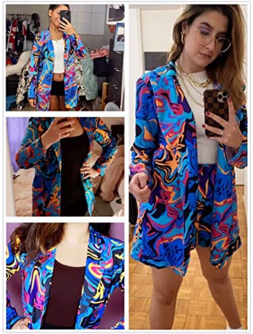 WDIRARA Women's Graphic Print Blazer Button Open Front Long Sleeve Jacket Multicolored