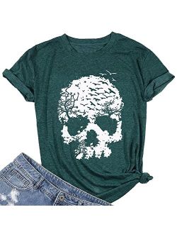 Calvin&Sally Skull Shirts for Women Funny Gothic Graphic Tank Tops Casual Short Sleeve Halloween Tshirts Novelty Horror Tee Shirts