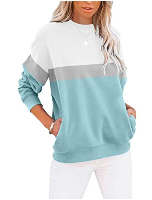 TICTICMIMI Women's Casual Long Sleeve Color Block/Solid Tops Crewneck Sweatshirts Cute Loose Fit Pullovers With Pockets