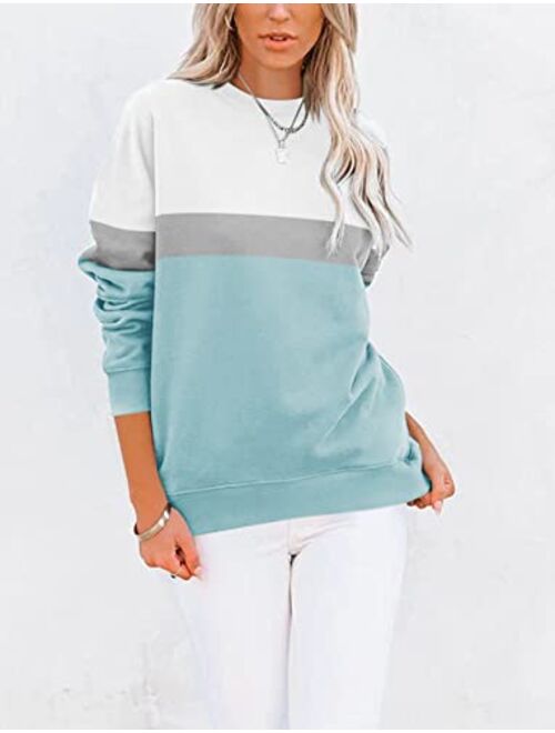 TICTICMIMI Women's Casual Long Sleeve Color Block/Solid Tops Crewneck Sweatshirts Cute Loose Fit Pullovers With Pockets