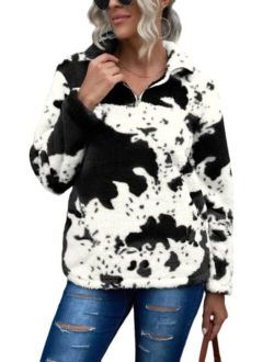 EARKOHA Womens Plus Size Long Sleeve Casual Zip Collar Cow Print Fleece jacket Tops
