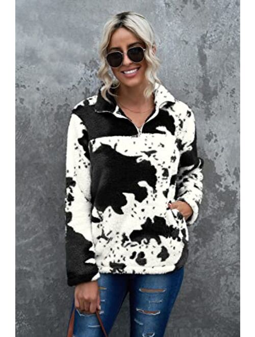 EARKOHA Womens Plus Size Long Sleeve Casual Zip Collar Cow Print Fleece jacket Tops