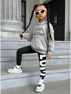 Kids Cooltwn Young Girl Slogan Graphic Drop Shoulder Hoodie Leggings