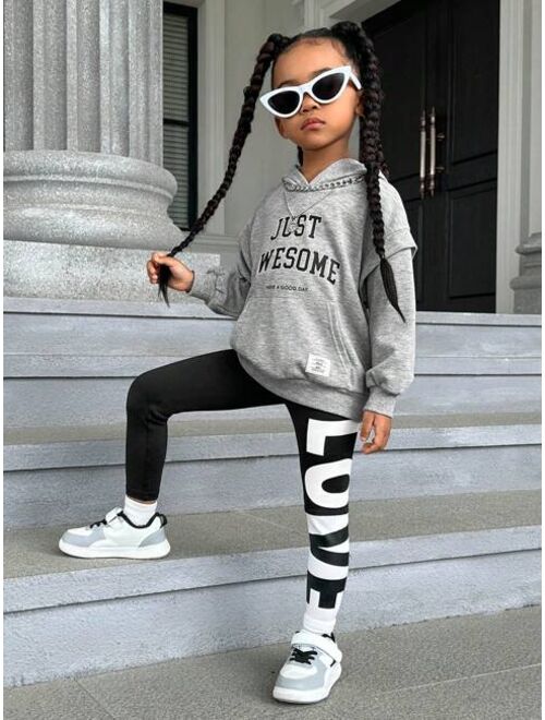 SHEIN Kids Cooltwn Young Girl Slogan Graphic Drop Shoulder Hoodie Leggings