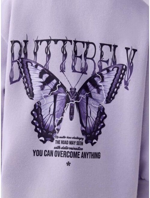 SHEIN Young Girl Slogan Butterfly Print Drop Shoulder Hoodie
