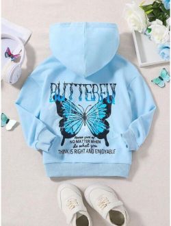 Young Girl Letter Butterfly Print Drop Shoulder Hoodie