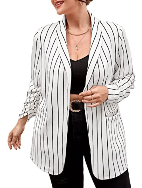 WDIRARA Women's Plus Size Long Sleeve Blazer Casual Open Front Cardigan Jacket