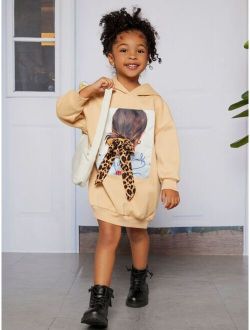 Kids Cooltwn Toddler Girls Figure Graphic Bow Front Thermal Hoodie Dress
