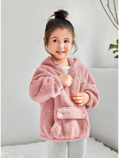 SHEIN Kids EVRYDAY Toddler Girls Letter Embroidery Half Zip Drop Shoulder Teddy Hoodie