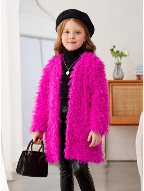 SHEIN Young Girl Solid Open Front Fuzzy Coat