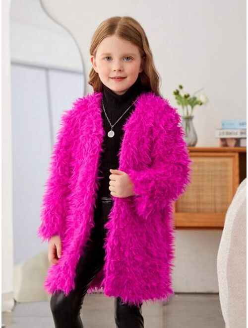 SHEIN Young Girl Solid Open Front Fuzzy Coat