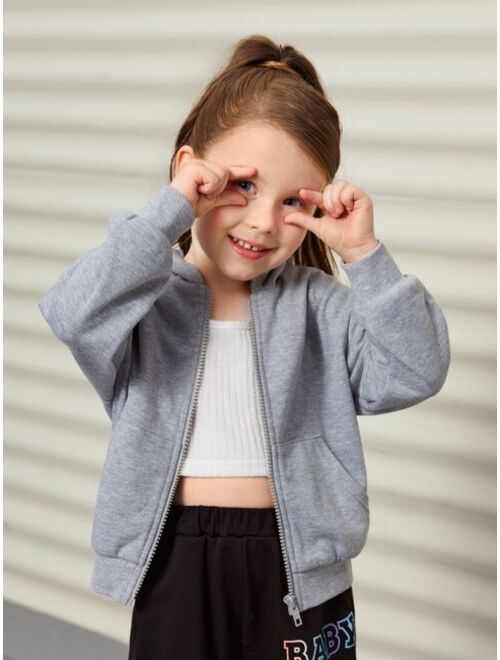 SHEIN Toddler Girls Slogan Floral Print Drop Shoulder Zipper Hoodie