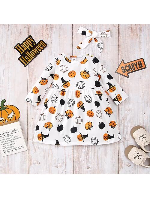 Gliglittr Baby Girls Halloween Long Sleeve Printed Mini Dress