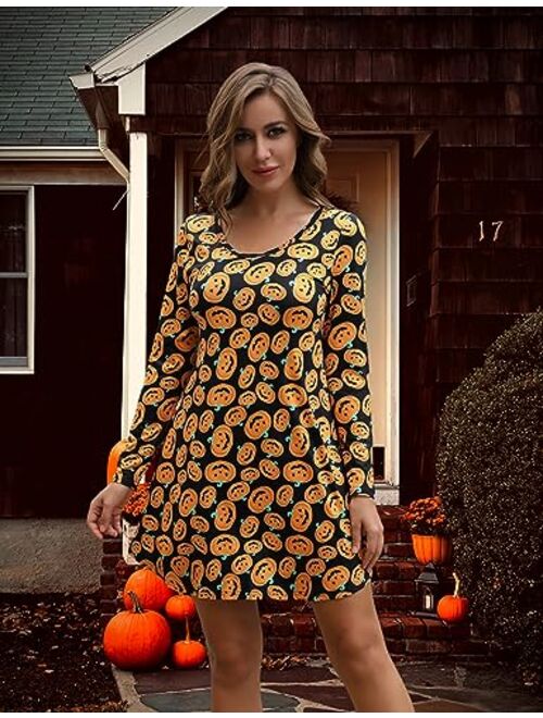Aphratti Women's Long Sleeve Halloween Print Swing Short Dress Cute Costume Tunic Dresses for Parties