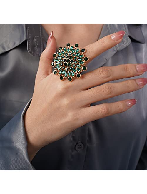 YERTTER Vintage Indian Ethnic Style Green Crystal Hollow Big Round Ring Rhinestone Crystal Ring Adjustable Party Gift for Women Girls